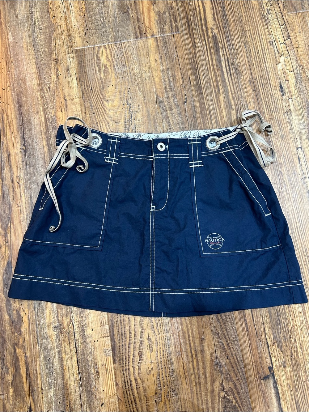 VTG Nautica Beach Y2K Navy Blue Cargo Mini Skirt Drawstring Side Ties Size Small